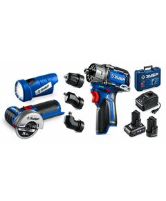 {[ru]:Набор: дрель-шуруповерт + мини УШМ + LED фонарь Зубр DB-125-42ABF КОМБИ