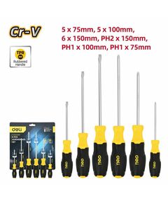 Набор отверток Deli DL630006N 6шт SL5x75 + SL5x100 + SL6x150 + PH1x75 + PH1x100 + PH2x150 сталь Cr-V, двухкомпонентная прорезиненная рукоять фотографии