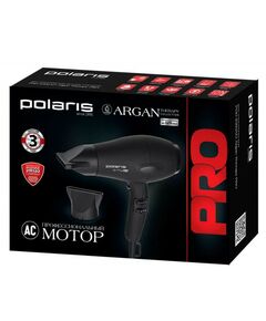 Фены, щипцы, щетки: Фен Polaris PHD 2099ACi Argan Therapy PRO профессиональный АС мотор, 2000 Вт, ионизация, мягкое, нескользящее покрытие корпуса Soft Touch, количество скоростей 2, концентратор, количество температурных режимов 3, длина шнура 3 м, цвет черный фотографии