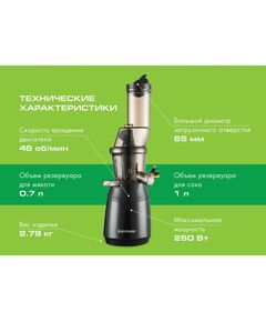 Купить Соковыжималка шнековая Endever Sigma 91 250 Вт, резервуар для сока 1 л, резервуар для мякоти 0.7 л, выход сока до 85%, холодный прессовый отжим, 100% сохранение витаминов, цвет черный, изображение 6 в компании Зеон