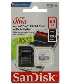 Secure Digital карты: microSDXC SanDisk 64Gb Ultra 80 UHS-I U1 Class10 + adapter [SDSQUNS-064G-GN3MA] фотографии