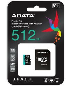 Secure Digital карты: Карта памяти micro SDXC AData Premier Pro 512Gb UHS-I U3, 100 МБ/с, Class 10, переходник SD [AUSDX512GUI3V30SA2-RA1] фотографии