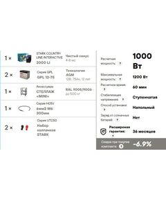 Купить Комплект ИБП Stark Country 2000 LI нагрузка 1000Вт, автономия 1 час, стеллаж, Мощность, ВА: 2000, Расчетное время (мин): 60, Расчетная мощность (Вт): 1000, изображение 2 в компании Зеон