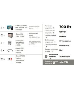 Купить Комплект системы бесперебойного питания Stark Country 2000 LI нагрузка 700Вт, автономия 1 час, Стеллаж, Мощность, ВА: 2000, Расчетное время (мин): 60, Расчетная мощность (Вт): 700, изображение 2 в компании Зеон