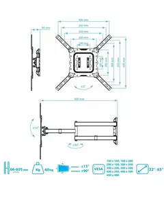 Купить Кронштейн для телевизора Kromax DIX-18 Black 22"-55", наклон вверх +15°, наклон вниз -15°, поворот 180°, нагрузка до 40 кг, от 66 мм до 605 мм от стены, изображение 6 в компании Зеон