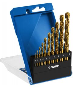 Буры, пики, коронки, сверла: Набор сверл по металлу Зубр ТИТАН 29615-H10 10шт(1-10мм), сталь Р6М5, класс А, титановое покрытие фотографии