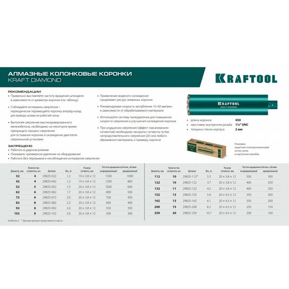 Алмазная Коронка по железобетону KRAFTOOL DIAMOND 132 мм 450 мм, 1 1/4", лазерная сварка сегментов [29825-132] фотографии