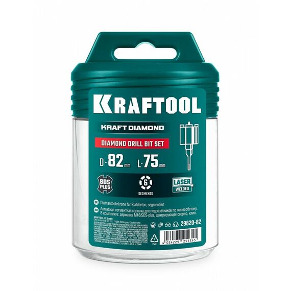 Алмазная коронка для подрозетников KRAFTOOL DIAMOND d 82 мм М16, рабочая глубина 75 мм, лазерная сварка [29820-82] фотографии