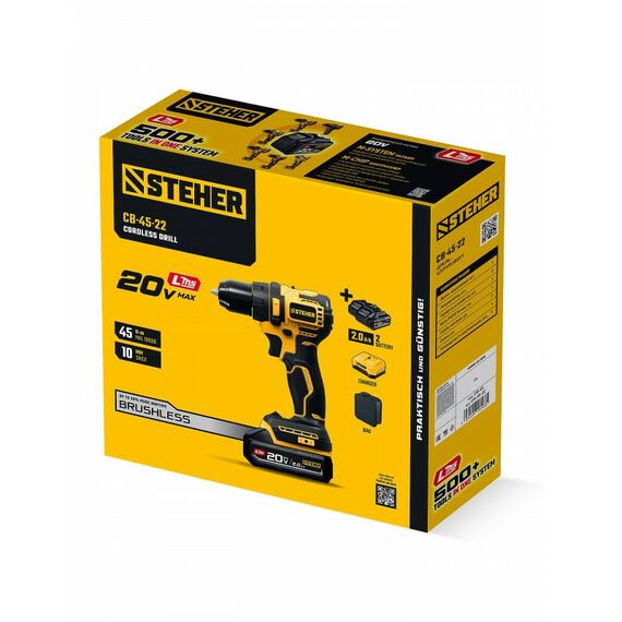 Бесщеточная дрель-шуруповерт STEHER CB-45-22 STEHER 20 В, 45 Н·м, 2 АКБ LMS (2 А·ч), сумка (CB-45-22) фотографии