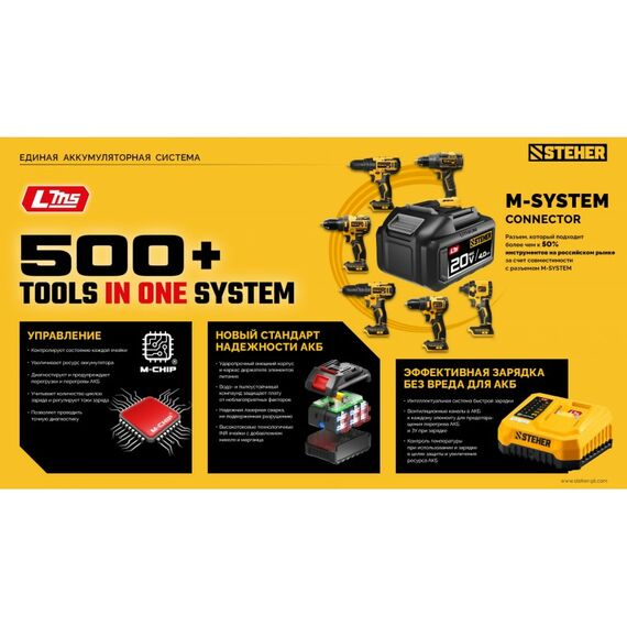 Бесщеточный ударный гайковерт STEHER CWB-500-41 20 В, 500 Н·м, 1 АКБ LMS (4 А·ч), сумка фотографии
