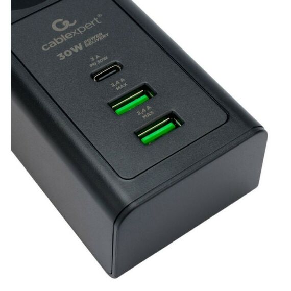 Сетевой фильтр Cablexpert Exnovo EXN-4-CU2-B-2 черный, макс. мощность 2500Вт, 3 розетки 220В, 10А, 2 розетки USB-A 5В, 1 розетка USB-C 30Вт PD, кабель 2м, ур.защиты 4+, коробка фотографии