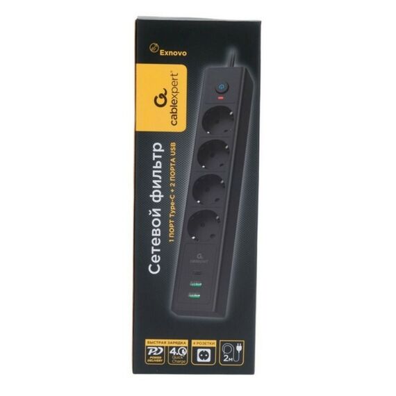 Сетевой фильтр Cablexpert Exnovo EXN-4-CU2-B-2 черный, макс. мощность 2500Вт, 3 розетки 220В, 10А, 2 розетки USB-A 5В, 1 розетка USB-C 30Вт PD, кабель 2м, ур.защиты 4+, коробка фотографии