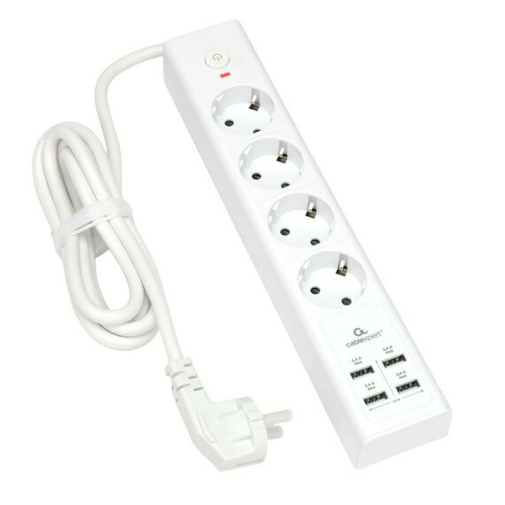 Сетевой фильтр Cablexpert Exnovo EXN-4-U4-W-2 белый, макс. мощность 2500Вт, 4 розетки 220В, 10А, 4 розетки USB-A 5В 2,4А, кабель 2м, ур.защиты 4+, коробка фотографии