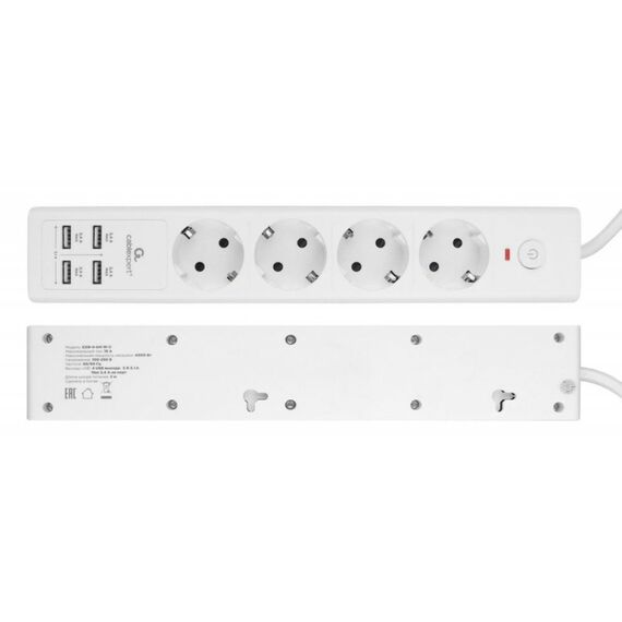 Сетевой фильтр Cablexpert Exnovo EXN-4-U4-W-2 белый, макс. мощность 2500Вт, 4 розетки 220В, 10А, 4 розетки USB-A 5В 2,4А, кабель 2м, ур.защиты 4+, коробка фотографии