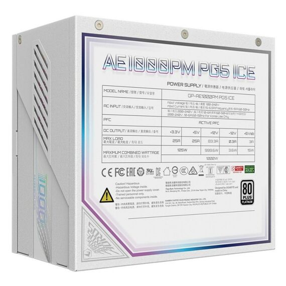Блок питания ПК GigaByte AE1000PM PG5 ICE 1000W, 80Plus, Platinum, полностью модульный, PCIe Gen 5.1, ATX 3.0 compatible, 28200-AE85W-1EUR [GP-AE1000PM PG5 ICE] фотографии