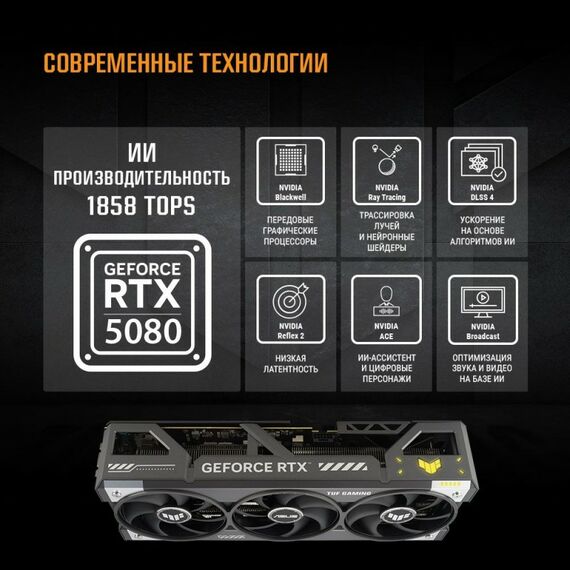 Видеокарта Asus RTX5080 TUF GAMING OC 16GB GDDR7, 256bit, 3xDP, 3xHDMI, 3FAN, RTL [90YV0M30-M0NA00] фотографии