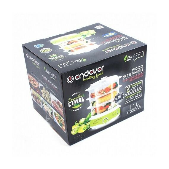 Пароварки: Пароварка Endever Vita-171 механическое управление, количество ярусов - 3, макс. потребляемая мощность 1000 Вт, цвет белый/зеленый фотографии