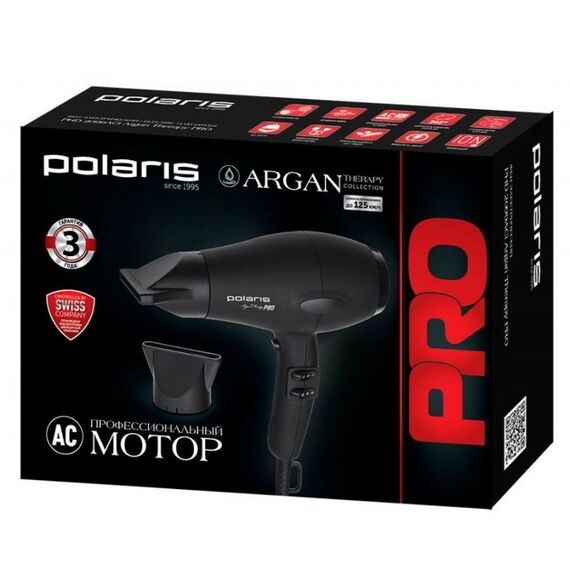 Фены, щипцы, щетки: Фен Polaris PHD 2099ACi Argan Therapy PRO профессиональный АС мотор, 2000 Вт, ионизация, мягкое, нескользящее покрытие корпуса Soft Touch, количество скоростей 2, концентратор, количество температурных режимов 3, длина шнура 3 м, цвет черный фотографии