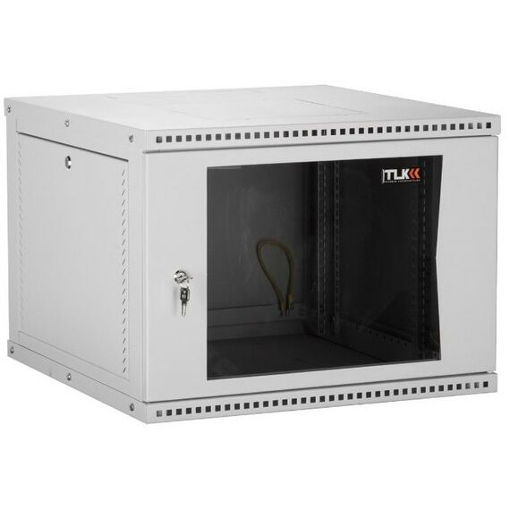 Шкафы и стойки: Настенный разборный шкаф TLK TWI-096060-R-G-GY 19", 9U, стеклянная дверь, Ш600хВ436хГ600мм, 2 пары монтажных направляющих, серый фотографии