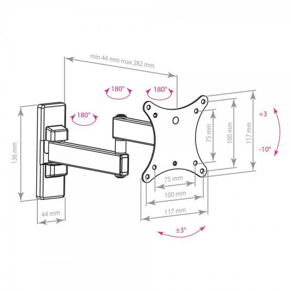 Крепеж для аудио-видео техники: Кронштейн для LED/LCD Kromax Arm media MARS-2 black Надежная стальная конструкция, универсальный, телевизор на кронштейне можно наклонить, повернуть и сдвинуть к стене, корректировка экрана, вращение экрана в горизонтальной плоскости на ±3°, легкий монтаж телевизора, благодаря наличию съемной монтажной пластины, декоративные накладки фотографии