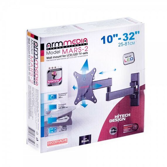 Крепеж для аудио-видео техники: Кронштейн для LED/LCD Kromax Arm media MARS-2 black Надежная стальная конструкция, универсальный, телевизор на кронштейне можно наклонить, повернуть и сдвинуть к стене, корректировка экрана, вращение экрана в горизонтальной плоскости на ±3°, легкий монтаж телевизора, благодаря наличию съемной монтажной пластины, декоративные накладки фотографии