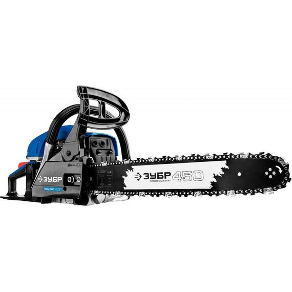 Бензопилы: Пила цепная бензиновая Зубр Профессионал ПБЦ-560 45ДП хромир. цилиндр, праймер, декомпрессионный клапан, 56 см3 (2.4 кВт), шина 45 см, 12500 об/мин фотографии