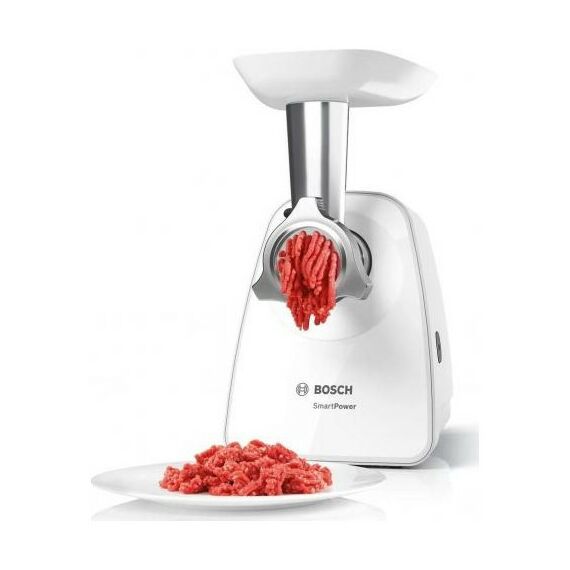 Мясорубки: Мясорубка BOSCH MFW2520W SmartPower, 350/1500 Вт, 2 форм диска, насадка для колбасок и кеббе фотографии