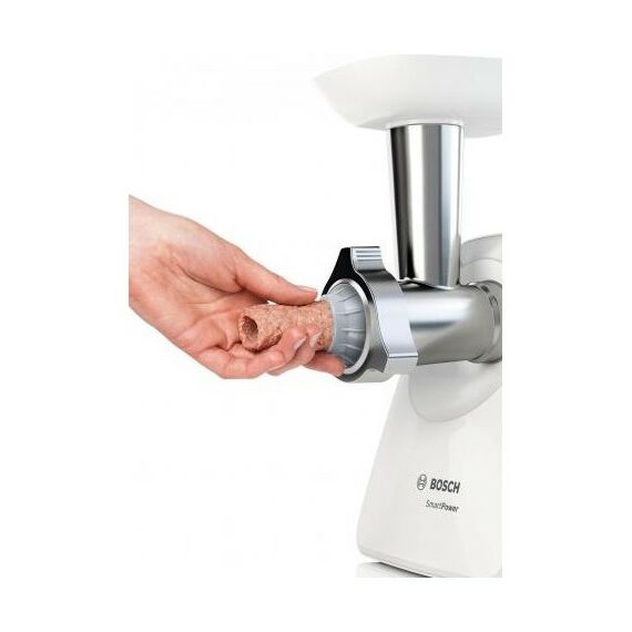 Мясорубки: Мясорубка BOSCH MFW2520W SmartPower, 350/1500 Вт, 2 форм диска, насадка для колбасок и кеббе фотографии