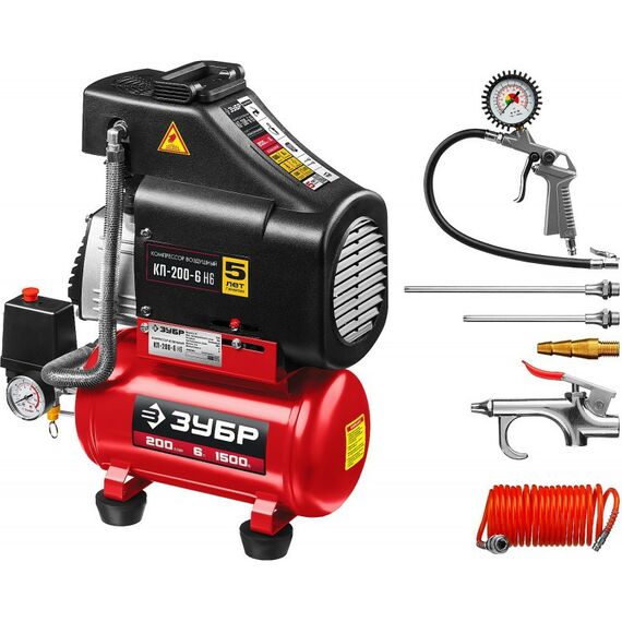 Компрессоры: Компрессор воздушный безмасляный Зубр КП-200-6 Н6 с набором аксессуаров, 200 л/мин, 6 л, 1500 Вт фотографии