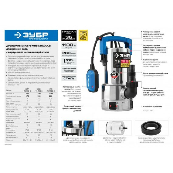 Насосы и насосные станции: Дренажный насос для грязной воды Зубр Профессионал НПГ-Т3-750-С корпус - нерж. сталь, 750 Вт фотографии