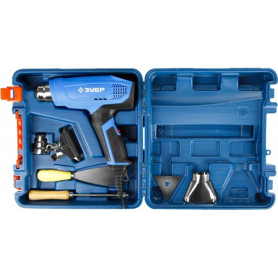 Фены технические: Фен технический (строительный) Зубр Профессионал ФТ-П2000 М2ДК ЖК-дисплей, память темп-ры, 2 режима: 80-600 град, 220/550 л/мин, кейс, 2000 Вт фотографии