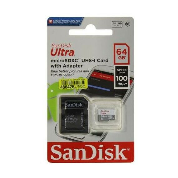 Secure Digital карты: microSDXC SanDisk 64Gb Ultra 80 UHS-I U1 Class10 + adapter [SDSQUNS-064G-GN3MA] фотографии