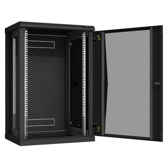 Шкафы и стойки: Настенный разборный шкаф TLK TWC-186045-R-G-BK 19", 18U, стеклянная дверь, Ш600хВ904хГ450мм, 2 пары монтажных направляющих, черный фотографии