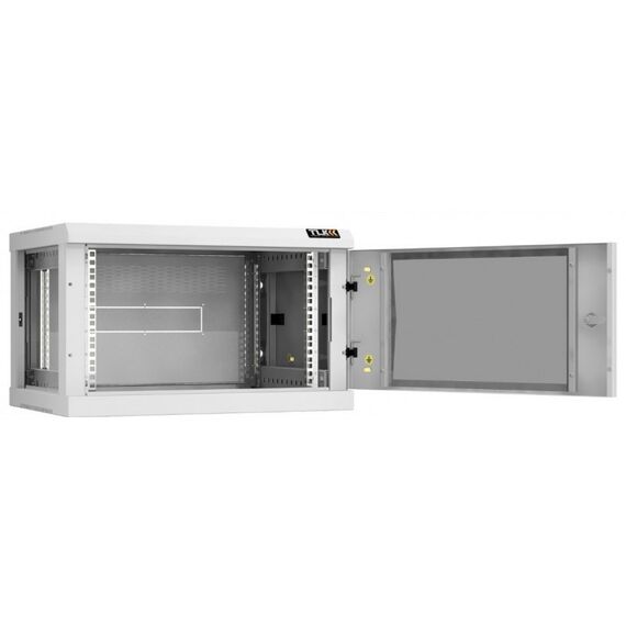 Шкафы и стойки: Настенный разборный шкаф TLK TWC-066045-R-G-GY 19", 6U, стеклянная дверь, Ш600хВ370хГ450мм, 2 пары монтажных направляющих, серый фотографии