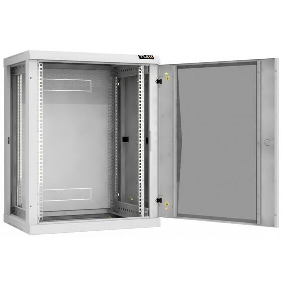 Шкафы и стойки: Настенный разборный шкаф TLK TWC-156045-R-G-GY 19", 15U, стеклянная дверь, Ш600хВ770хГ450мм, 2 пары монтажных направляющих, серый фотографии