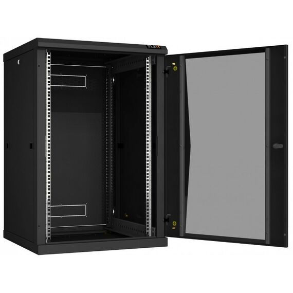 Шкафы и стойки: Настенный разборный шкаф TLK TWC-186060-R-G-BK 19", 18U, стеклянная дверь, Ш600хВ904хГ600мм, 2 пары монтажных направляющих, черный фотографии
