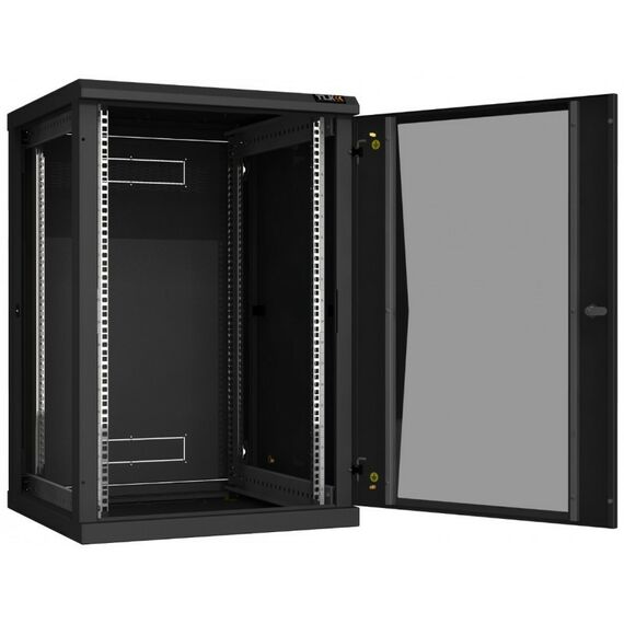 Шкафы и стойки: Настенный разборный шкаф TLK TWC-186060-R-G-BK 19", 18U, стеклянная дверь, Ш600хВ904хГ600мм, 2 пары монтажных направляющих, черный фотографии