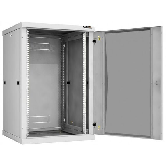 Шкафы и стойки: Настенный разборный шкаф TLK TWC-186060-R-G-GY 19", 18U, стеклянная дверь, Ш600хВ904хГ600мм, 2 пары монтажных направляющих, серый фотографии