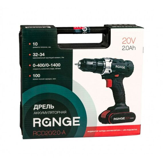 Дрели и шуруповерты: Аккумуляторная дрель RANGE RCD20/2.0-A 20В, 2Li акк, 2.0Ач, 34Нм, LED-подсветка, кейс фотографии