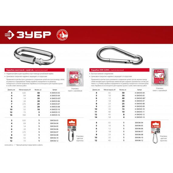Такелажный крепеж: Карабин Зубр 14мм DIN 5299С, 4 шт, оцинкованный [4-304545-14] фотографии