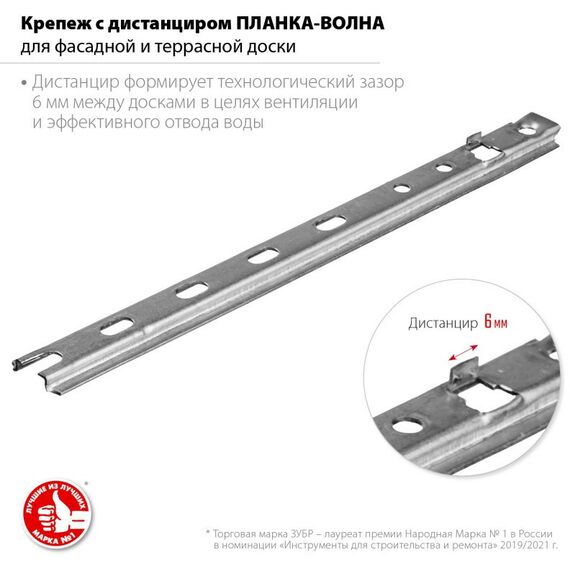 Перфорированный крепеж: Крепеж с дистанциром для фасадной и террасной доски Зубр Планка-Волна 190 мм 80 шт, оцинкованный [30703-190] фотографии