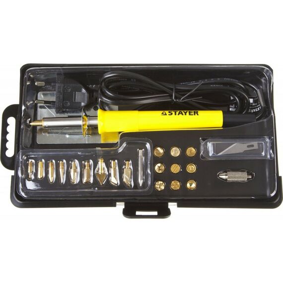 Паяльное оборудование: Прибор для выжигания, пайки и резки STAYER 45227 3 в 1 30Вт, в наборе 20 насадок, в кейсе [45227] фотографии