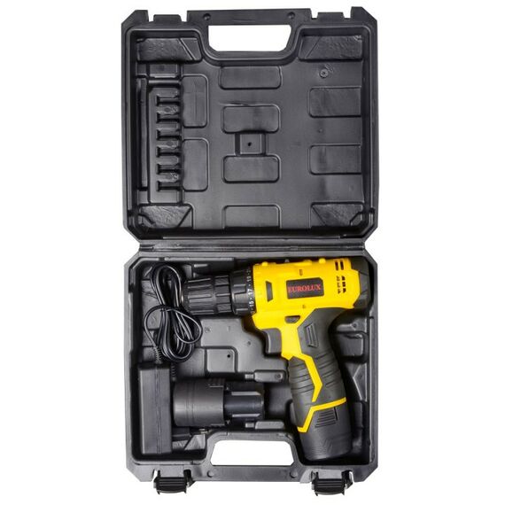 Дрели и шуруповерты: Дрель-шуруповерт аккумуляторная Eurolux ДА-12/2Li безударный, быстрозажимной, 0-400, 0-1400 об/мин, 25/13 Нм, 12В, 1.5 А*ч, 0.96 кг, кейс [72/14/38] фотографии
