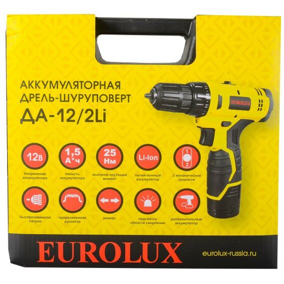 Дрели и шуруповерты: Дрель-шуруповерт аккумуляторная Eurolux ДА-12/2Li безударный, быстрозажимной, 0-400, 0-1400 об/мин, 25/13 Нм, 12В, 1.5 А*ч, 0.96 кг, кейс [72/14/38] фотографии