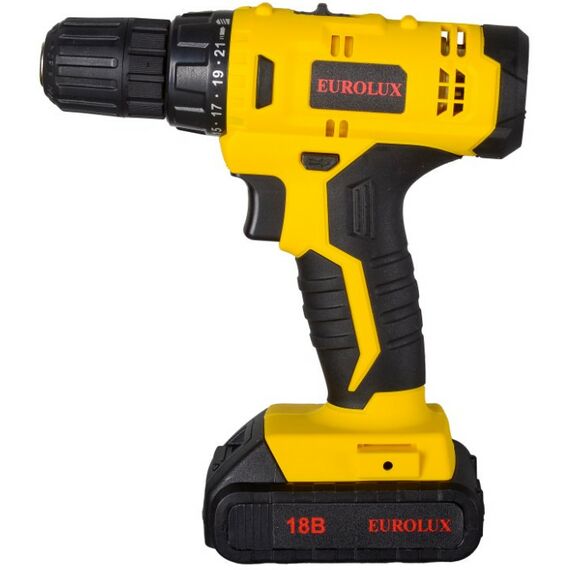 Дрели и шуруповерты: Дрель-шуруповерт аккумуляторная Eurolux ДА-18/2Li безударный, быстрозажимной, 0-400, 0-1400 об/мин, 30/12 Нм, 18В, 1.5 А*ч, 1.3 кг, кейс [72/14/40] фотографии