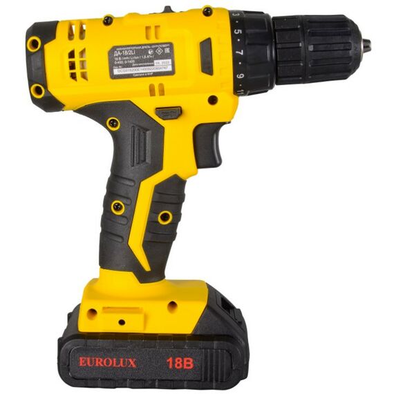 Дрели и шуруповерты: Дрель-шуруповерт аккумуляторная Eurolux ДА-18/2Li безударный, быстрозажимной, 0-400, 0-1400 об/мин, 30/12 Нм, 18В, 1.5 А*ч, 1.3 кг, кейс [72/14/40] фотографии
