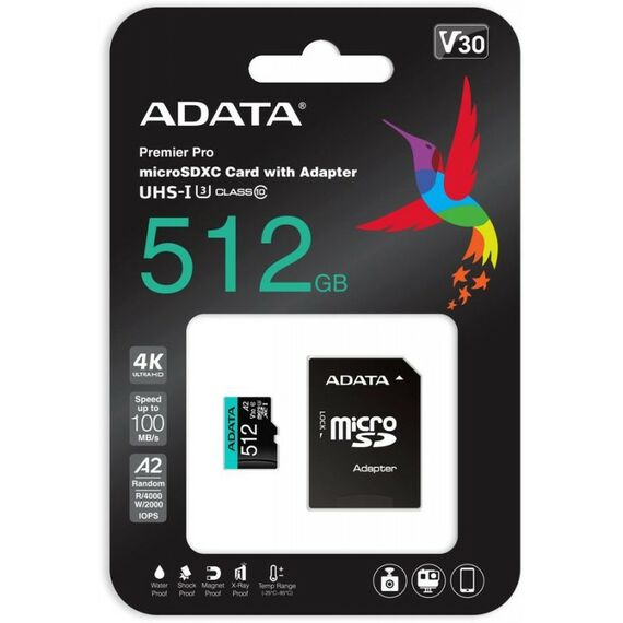 Secure Digital карты: Карта памяти micro SDXC AData Premier Pro 512Gb UHS-I U3, 100 МБ/с, Class 10, переходник SD [AUSDX512GUI3V30SA2-RA1] фотографии