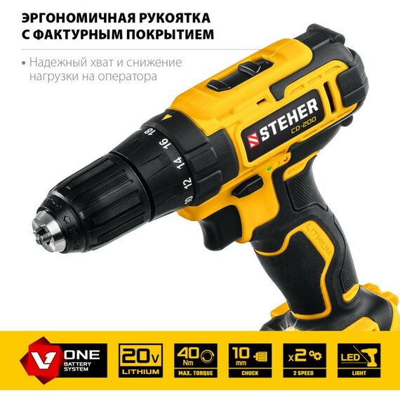 Дрели и шуруповерты: Дрель-шуруповерт STEHER CD-200 20В, без АКБ, в коробке фотографии