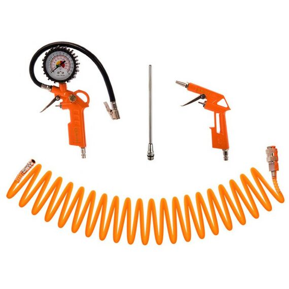 Принадлежности для пневмоинструмента: Набор пневмоинструмента Вихрь НП-4 пистолеты для продувки, накачки шин, спиральный шланг, насадка-удлинитель фотографии