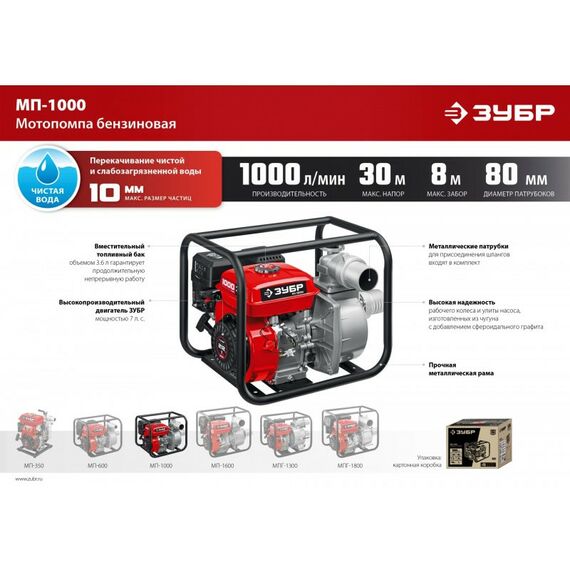 Мотопомпы: Мотопомпа бензиновая Зубр МП-1000 1000 л/мин фотографии